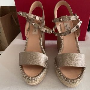 Valentino Rockstud Metallic Wedge Espadrille Sandals
